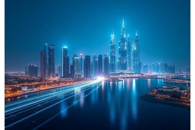 رؤية حديثة لمدينة دبي تظهر فيها خطوط اتصال شبكية ترمز للاتصال